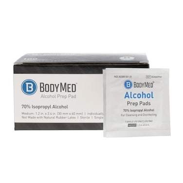 BodyMed Alcohol Prep Pads with 70 Isopropyl Alcohol 100 Count  Individually Wrapped 12 in x 24 in Alcohol Wipes  Great for Medical  First Aid Kits  Sterile 2Ply Alcohol Swabs