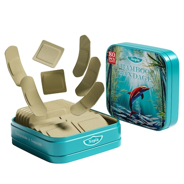 Nepia 80 PCS Tin Boxes Bamboo Bandages for Sensitive Skin Eco Friendly Bandage Latex Free Bandages Family Pack PFAS Free BandagesCompostable Biodegradable Sterile Flexible  First Aid