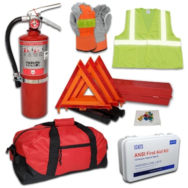 DOT OSHA ANSI Compliant Kit with USA Made 5lb 3A40BC Fire Extinguisher by Shield with HiViz Gloves and Vest