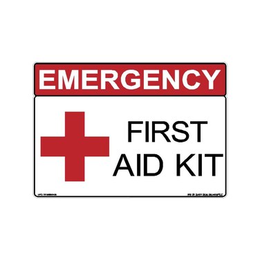 Emergency First Aid Kit Cabinet Label Sticker Decal Workplace Nurse Bandage Red Black Made in Texas 35 x 5