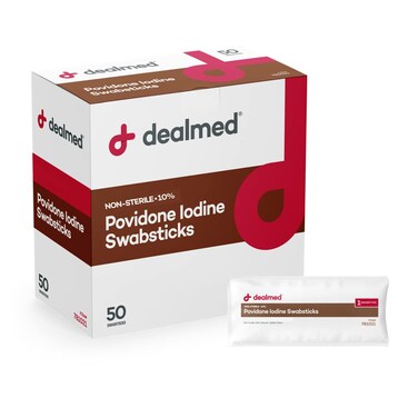 DealmedPovidone Iodine 10 Swabsticks Individually Sealed Packets Perfect for Wound Care and Portable First Aid Kits 50Box Pack of 1