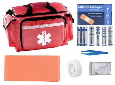 ASA Techmed EMT First Responder Trauma Bag  Empty Deluxe EMS Shoulder Bag  Pro First Aid Kit Bag with 4 Large Compartments for Emergency Medical Supplies  Includes 280 Bandage Variety Pack Red