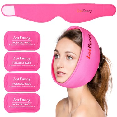 LotFancy Face Ice Pack Wrap with 4 Reusable Hot Cold Therapy Gel Packs Pain Relief for TMJ TMD Chin Wisdom Teeth Oral and Facial Surgery Dental Implants Pink