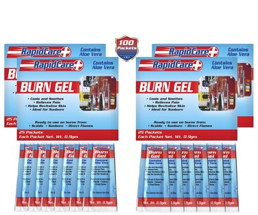 Rapid Care First Aid 401254 Emergency Burn Gel PouchesRelieves Pain Cools  Soothes Burns and Scalds Contains Aloe Vera Lidocaine Free 003oz 09gm Packets 4 Packs of 25 Total 100