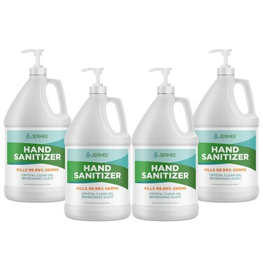 Moisturizing Hand Sanitizer Gel 70 Alcohol  Kills 9999 Germs Enhanced with Vitamin E and Aloe Vera  Crystal Clear Gel Refreshing Scent Made in USA  1 Gallon 4 Pack