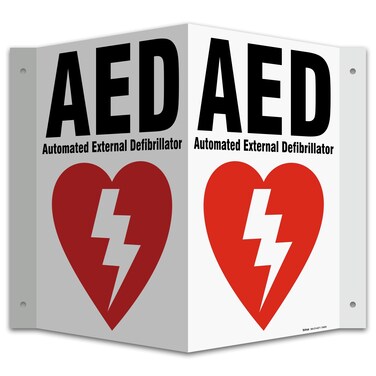 Two 8 x 10 3way AED Sign  0060 Polystyrene Plastic Weatherproof Clear Text  Defibrillator Symbol  Easy Installation