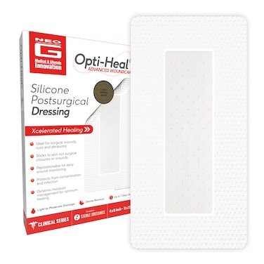 Neo G OptiHeal Silicone Surgical Dressing  Sterile Adhesive Bandages for Surgical Wounds Cuts Abrasions  Absorbent Barrier Island Dressing 4x8  Waterproof Bandages Post Surgical 2 Pack