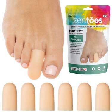 ZenToes6 Pack Gel Toe Cap and Protector  Cushions and Protects to Provide Relief from Missing or Ingrown Toenails Corns Blisters Hammer Toes Small Beige