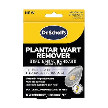 Dr Scholls Plantar WART Remover HYDROGEL Bandage 12 Discs 10 Cushions Immediate Cushioning Pain Relief UltraThin Maximum Strength 12 Treatments