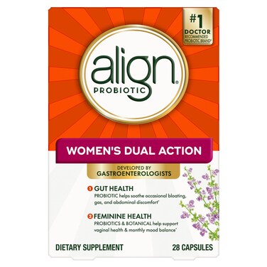 Align Probiotic Womens Dual Action Probiotics for Women MultiStrain Probiotic with Chaste Tree Supports Feminine Health Soothes Occasional Abdominal Discomfort Gas Bloating 28 Capsules