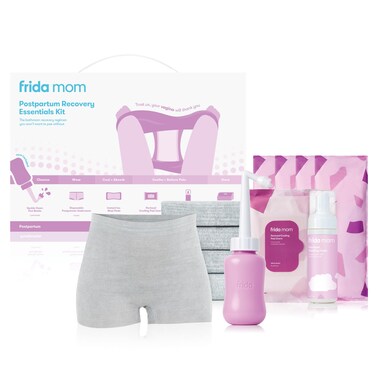 Frida MomPostpartum Recovery Essentials Kit Includes Disposable Underwear Instant Ice Maxi Pads Perineal Healing Foam Perineal Healing Pad Liners and Upside Down Peri Bottle 11pc Gift Set
