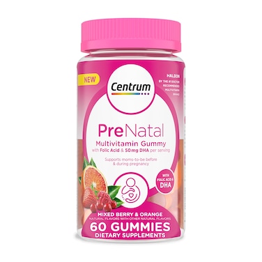 Centrum Prenatal Multivitamin Gummies with DHA and Folic Acid Mixed Berry and Orange Flavors  60 Count 30 Day Supply