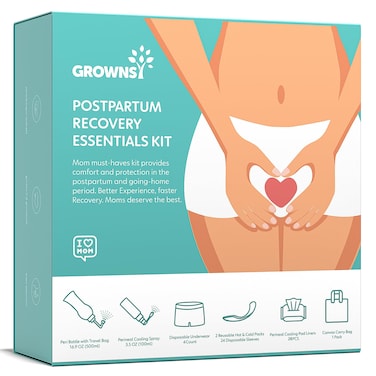 GROWNSYPostpartum Essentials Recovery Kit for Labor  Delivery  Postpartum Kit for Women  Includes Upside Down Peri Bottle Perineal Spray Cooling Pad Liners Ice Packs  Disposable Underwear