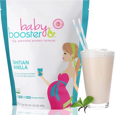 Baby Booster Tahitian Vanilla Prenatal Vitamin Supplement and Protein Shake Caffeine Free All Natural Vegetarian DHA High Protein Methyl Folate B Vitamins Great for Morning Sickness 1 lb