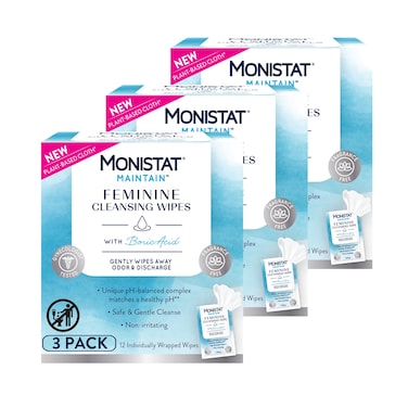 Monistat Maintain Feminine Wipes with Boric Acid for Feminine Care Fragrance Free 12 Ct 3 Pk