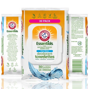 Arm and Hammer Face and Body Wipes for Adults  Deodorant Towelettes 30 Wipes for Women  Shower Wipes for Traveling Camping Gym and Bathing  AlcoholFree Face Wipes Clear Water