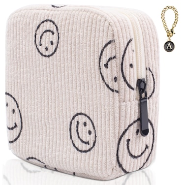 Sanitary Napkin Storage BagPreppy Corduroy Period Bag for School Teen Girls Cute Smiley FacePortable Period Pouch with Zipper Sanitary Pads Bag Tampons Holder for Purse First Period