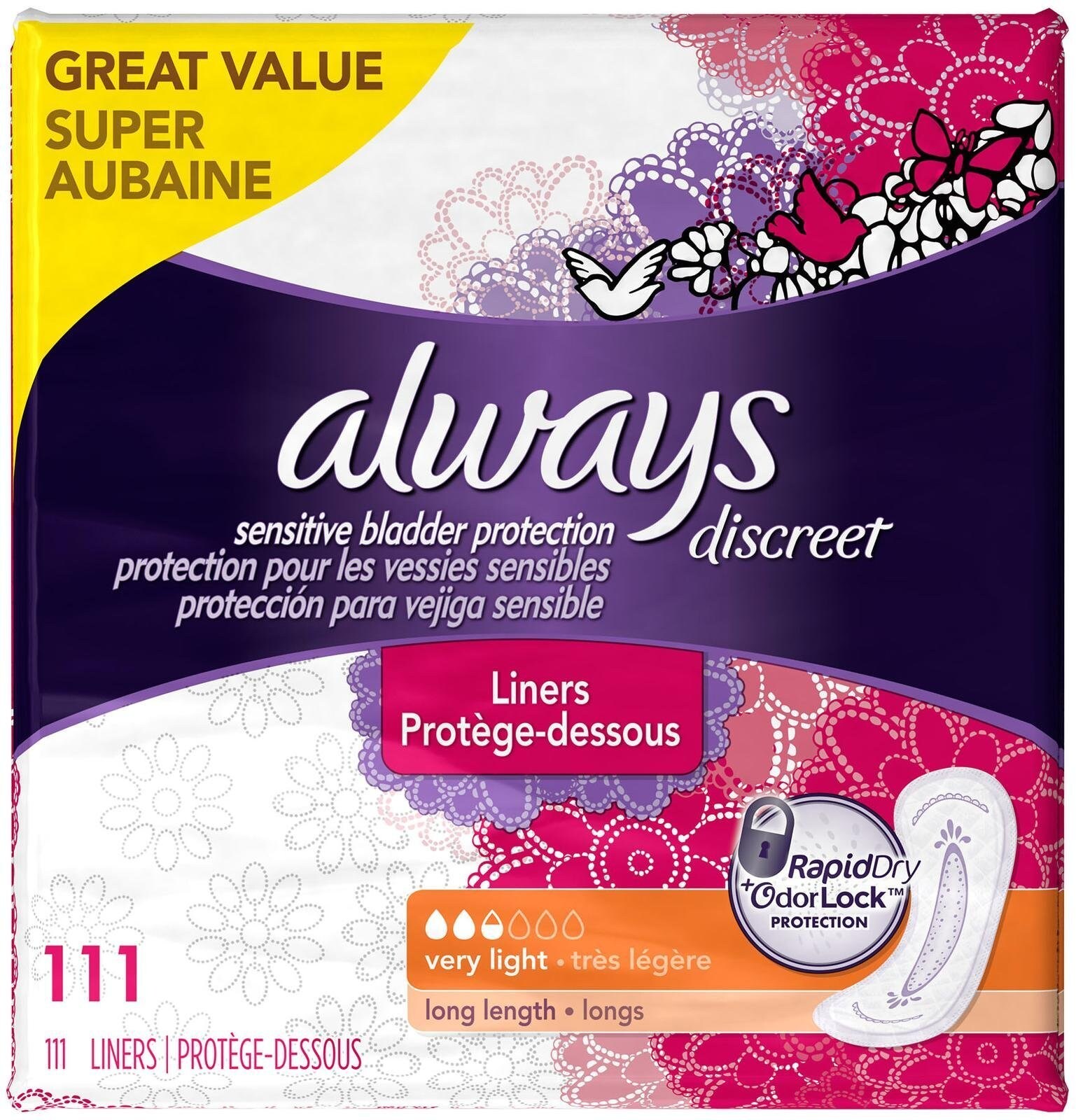 Buy AlwaysDiscreet Incontinence Liners Very Light Long Length 111 Count ...