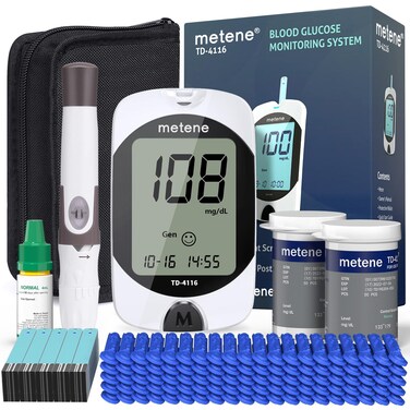 MeteneTD4116 Blood Glucose Monitor Kit 100 Glucometer Strips 100 Lancets 1 Blood Sugar Monitor Blood Sugar Test Kit with Control Solution Lancing Device No Coding Large Display