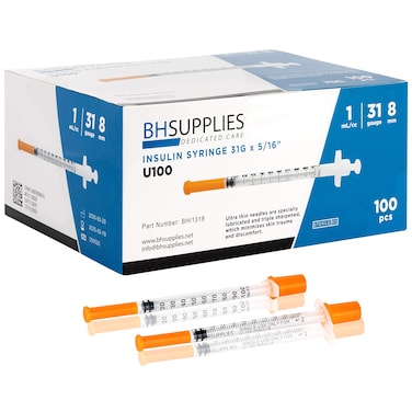 BH Supplies Insulin Syringes U100 31G 1mlcc 516 8mm Pack of 100 Pcs