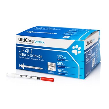 UltiCare VetRx U40 Pet Insulin Syringes Comfortable and Accurate Dosing of Insulin for Pets Compatible with Any U40 Strength Insulin Size 12cc 29G x  with Half Unit Markings 100 ct Box