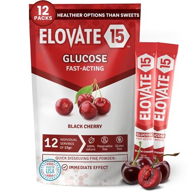 Elovate 15 Slimpaks Glucose Powder  Fast Acting Glucose Powder Packets  Alternative to Gels  Tablets FSAHSA Eligible  Natural Flavor Dextrose Powder Stick Black Cherry Pack of 12