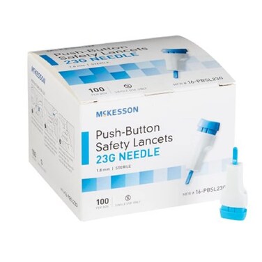 MCK16232400  Lancet McKesson PushButton Safety Needle 18 mm Depth 23 Gauge SpringLoaded Push Button