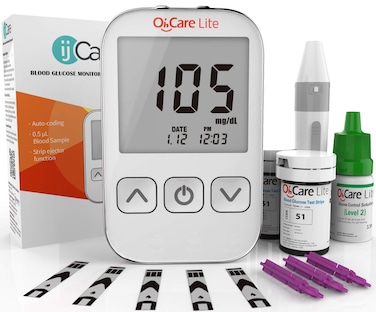 OhCare Lite Blood Sugar Test Kit Blood Glucose Meter with Strips and Lancets Lancing Device Log and Case One Touch Eject Glucometer 110 Strips 125 Lancets Control Solution