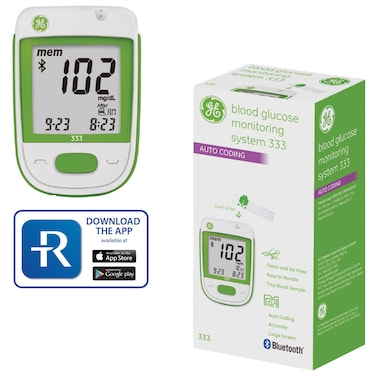 GE333 Blood Glucose Monitoring System  Glucometer  Auto Coding  5Second Results  Bluetooth Rightest Care App Connection  EasytoRead Display