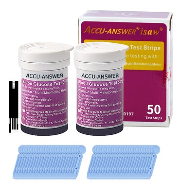 ACCUAnswer 50 Test Sugar Test Strips for ACCUAnswer 4in1 Test Meter 50 Lancets Total Included No Code Card Need Accurate and Fast Easy to Use and Read
