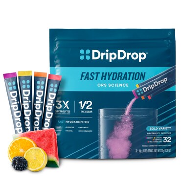 DripDrop Hydration  Bold Variety Pack  Electrolyte Drink Mix Single Serve Hydration Powder Packets  Watermelon Berry Lemon Orange  NonGMO Gluten Free Vegan  32 Sticks