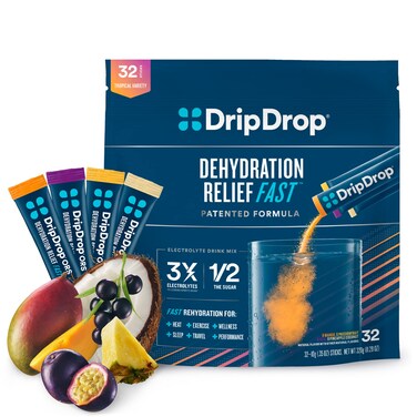 DripDropHydration  Tropical Variety Pack  Electrolyte Drink Mix Single Serve Hydration Powder Packets  Mango Aa Passion Fruit Pia Colada  NonGMO Gluten Free Vegan  32 Sticks