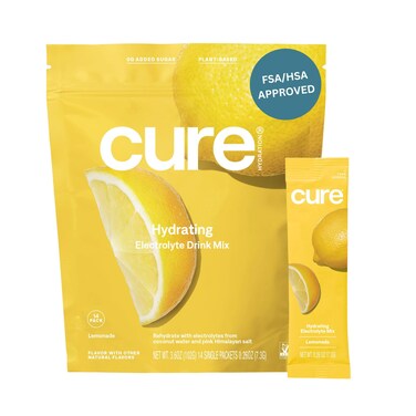 Cure Hydration  PlantBased Electrolyte Drink Mix  No Added Sugar  Dehydration Relief Powder Made with Coconut Water  NonGMO  Vegan  FSA  HSA  Pouch of 14 Packets  Lemonade