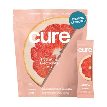 Cure Hydration  PlantBased Electrolyte Drink Mix  No Added Sugar  Dehydration Relief Powder Made with Coconut Water  NonGMO  Vegan  FSA  HSA  Pouch of 14 Packets  Grapefruit