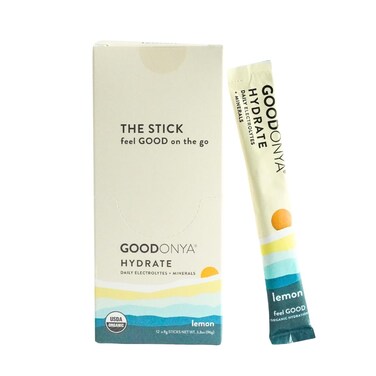 GOODONYA Hydrate Organic Electrolyte Powder Travel Stick Packs 12 Count  Minerals Real Lemon Juice Himalayan Pink Salt Stevia Coconut Water Paleo Plant Based No Sugar Added