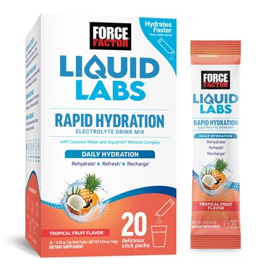 Force FactorLiquid Labs Electrolytes Powder Hydration Packets to Make Electrolyte Water with 5 Essential Electrolytes Vitamins Minerals and Antioxidants Tropical Fruit Flavor 20 Stick Packs