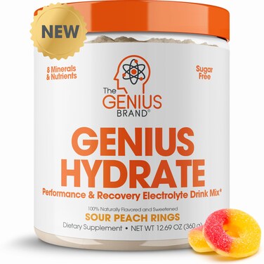 Genius Hydrate Powder Drink Mix Sour Peach Rings 50 Servings Natural Electrolyte Hydration Booster Endurance Supplement with Coconut Water Potassium Magnesium Zinc Sugar Free No Artificial Sweeteners