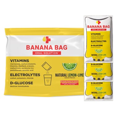 Banana Bag Oral Solution  Pharmacist Hydration Recovery Formula  Electrolyte  Vitamin Powder Packet Drink Mix  Natural Lemon Lime  Pack of 5