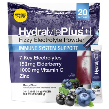 Hydralyte Electrolytes Plus Immunity Elderberry  Low Sugar Rapid Rehydration Powder  Lightly Sparkling Electrolyte Powder Packets with 1000mg Vitamin C and 300 mg Elderberry 8oz Serve 20 Count