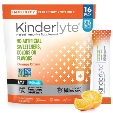 Kinderlyte Immunity Immune Support Hydration Supplement Plant Powered Blend Electrolyte Drink Mix Elderberry Turmeric Vitamin D3 Orange Citrus 16 Count