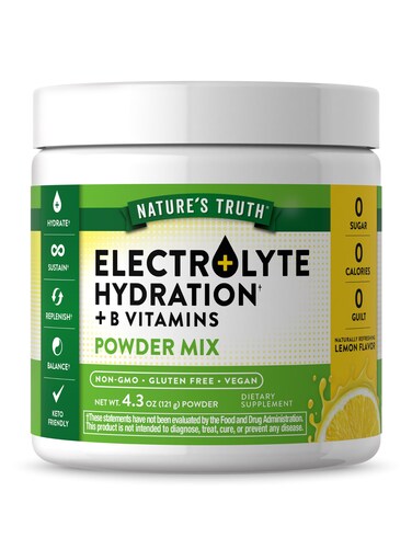 Natures Truth Electrolytes Powder  No Sugar  Vegan NonGMO  Gluten Free Supplement for Hydration  with B Vitamins  Refreshing Lemon Flavor