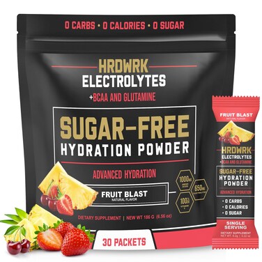 HRDWRK Electrolytes Powder Packets with Magnesium Potassium Sodium Keto Hydration Packets  BCAA Electrolyte Powder Packets with Glutamine 30 Electrolytes Powder Packets Sugar Free Fruit Blast