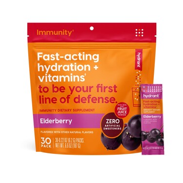 HYDRANTImmunity Individual Immune Hydration Powder Stick Packets with Vitamin C Vitamin D and Zinc for Electrolyte and Energy Support Elderberry 30 Count