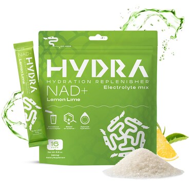 Hydra PowderNutrients Electrolyte Powder Packets with NAD Daily Hydration Packets Low Sodium Electrolytes Powder Electrolyte Drink Mix Low Sugar  16 Electrolyte Packets Lemon Lime