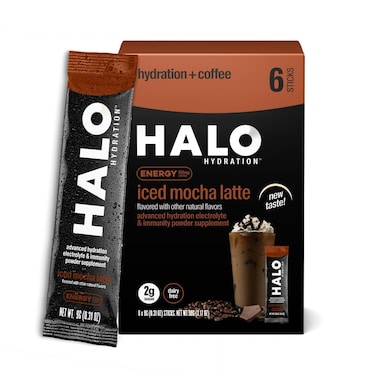 HALO Hydration  Electrolyte Energy Drink Mix  Hydration Powder Packets  Iced Mocha Latte Flavor Healthy Skinny Coffee  Low Sugar  Easy Open Single Serving Stick  6 Sticks