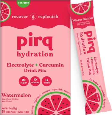 Pirq Hydration  Watermelon  Hydration Powder Packets  Electrolyte Drink Mix  Curcumin  B Vitamins  Zero Sugar  Keto Friendly  10 Sticks