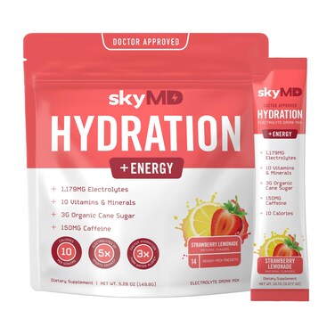 SkyMD Hydration  Energy Powder Packets with Electrolytes  Supports Focus  Performance Hydration Multiplier with Natural Caffeine  Mix In Water  14 SingleServing Sticks Strawberry Lemonade