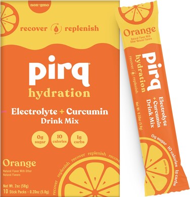 PirqHydration  Orange  Hydration Powder Packets  Electrolyte Drink Mix  Curcumin  B Vitamins  Zero Sugar  Keto Friendly  10 Sticks