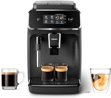 PHILIPS 2200 Series Fully Automatic Espresso Machine Classic Milk Frother 2 Coffee Varieties Intuitive Touch Display 100 Ceramic Grinder AquaClean Filter Aroma Seal Black EP222014