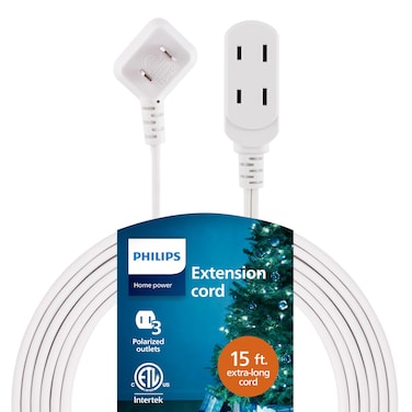 Philips Extension Cord 15 Ft 3Outlet Flat Plug Extension Cord Flat Extension Cord with Multiple Outlets 2 Prong Extension Cord Safety Slide Long Extension Cord 1 Pack White SPS1032WE27